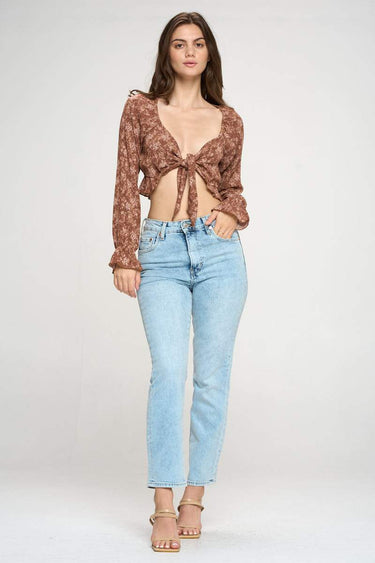 Tie Front Long Sleeve Crop Blouse